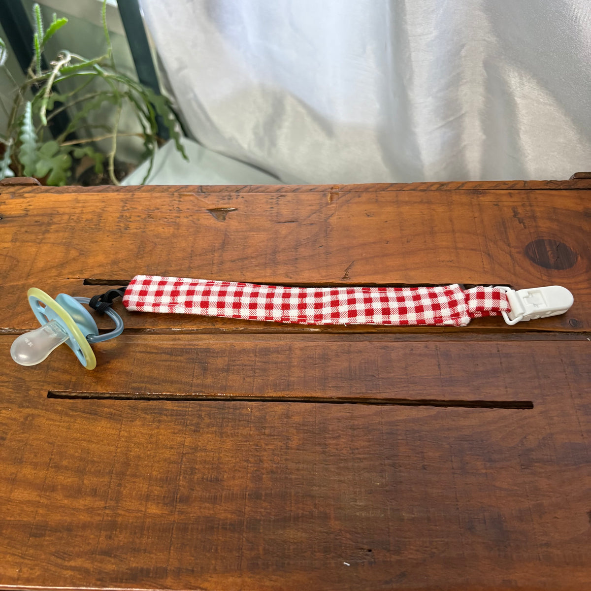 Red Gingham Pacifier Clip