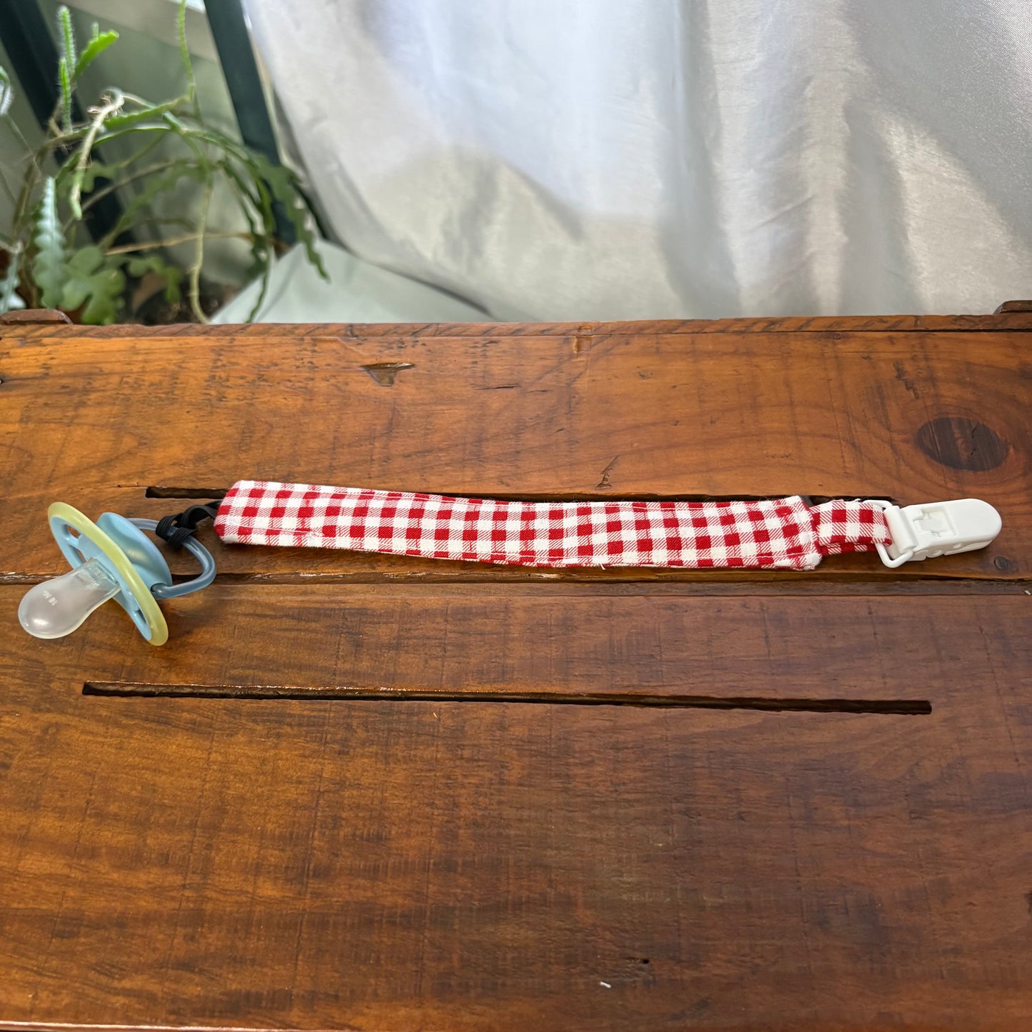 Red Gingham Pacifier Clip