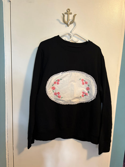 XL Embroidered Flowers Doily Sweater