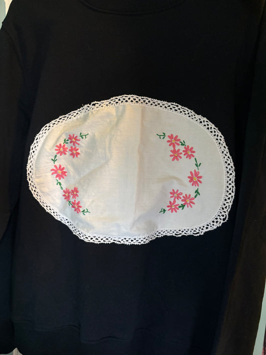XL Embroidered Flowers Doily Sweater